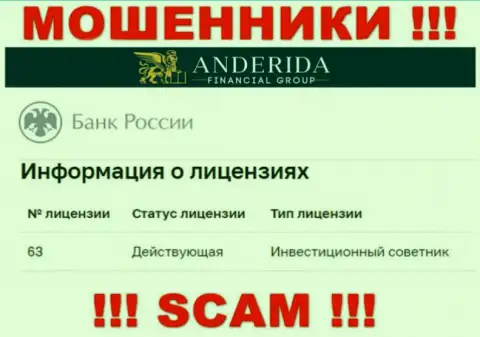 AnderidaGroup Com заявляют, что имеют лицензию от Центрального Банка Российской Федерации (сведения с сайта кидал)