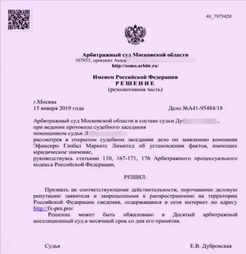 Решение Арбитражного суда Московской обл. по иску мошенников FxPro Com в отношении сайта Fx-Pro.Pro