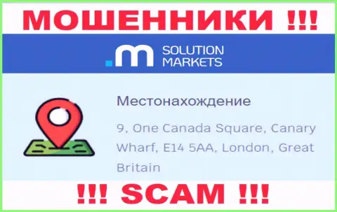 На веб-портале SolutionMarkets нет правдивой информации об адресе регистрации компании - это МОШЕННИКИ !!!